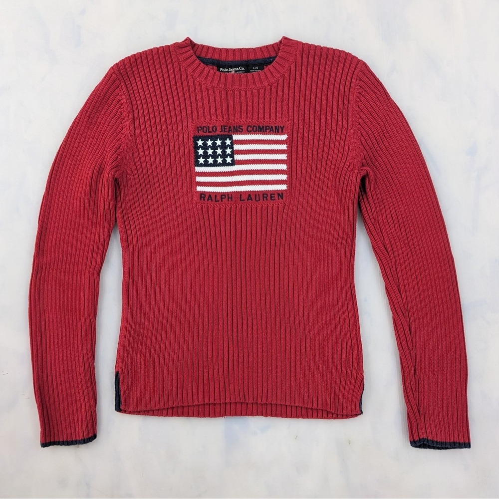Vintage 90s Polo Jeans Ralph Lauren USA American Flag Sweater L Ribbed Cotton